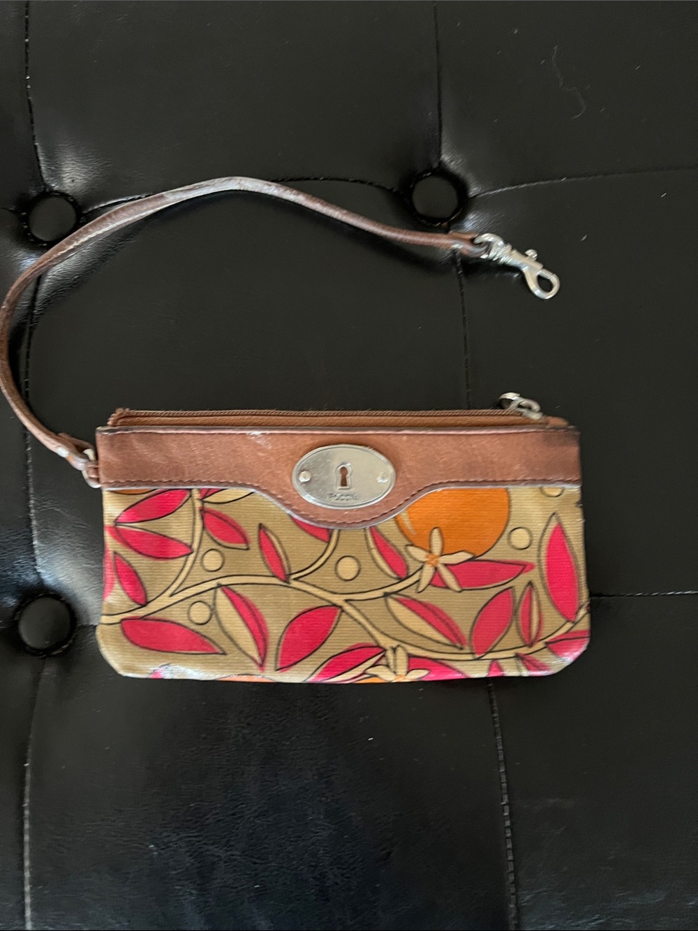 Fossil Brown Canvas Wristlet with Pink and Orange Floral Accents